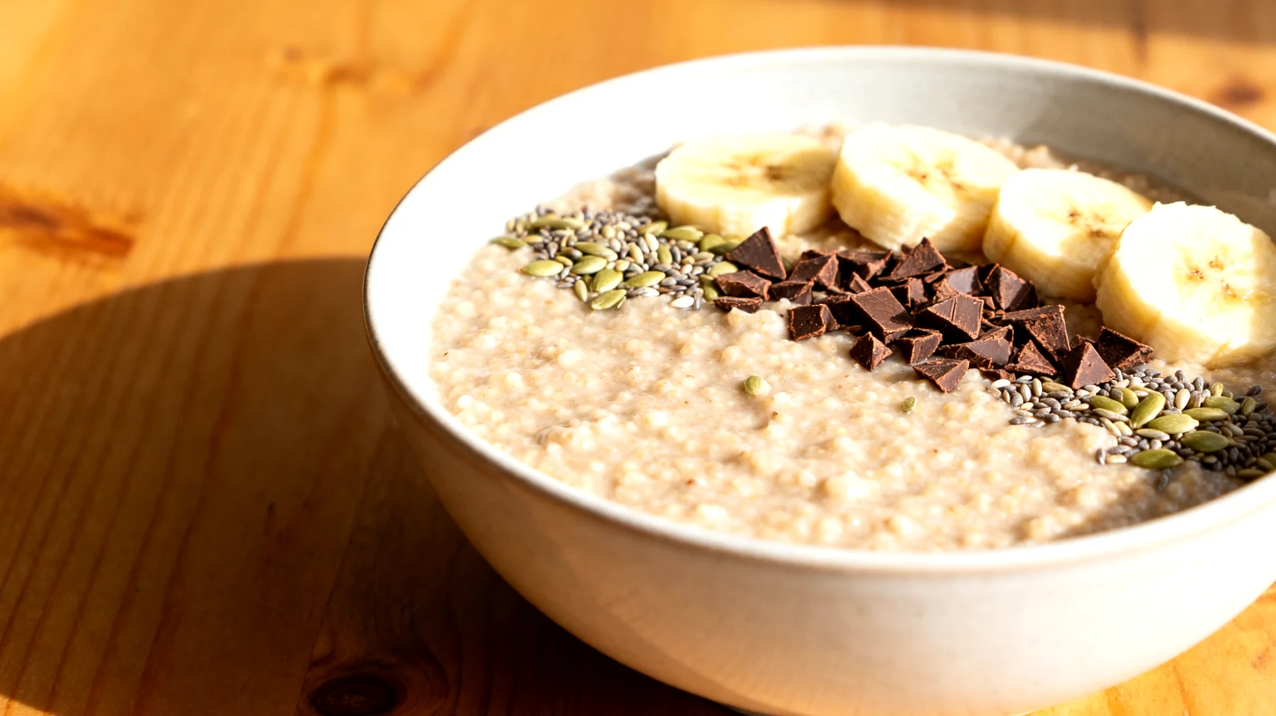 Amaranth-Bananen-Porridge mit Hanfsamen und Kakaonibs"