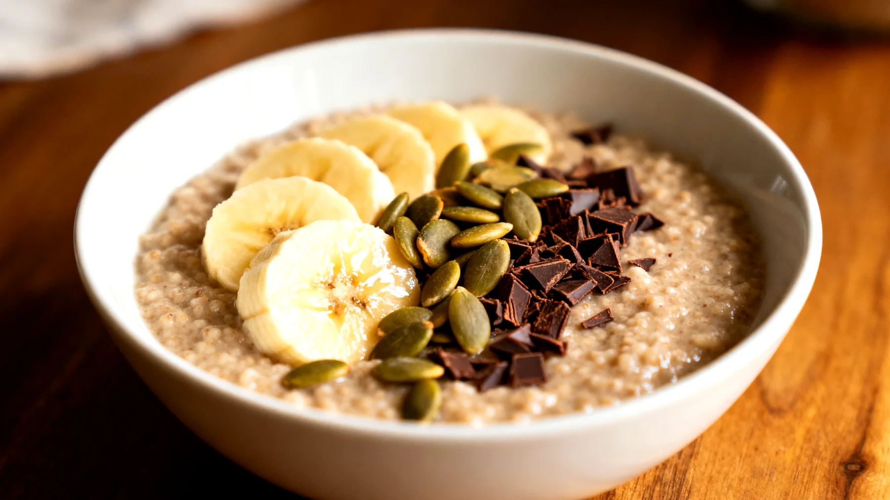 Amaranth-Bananen-Porridge mit Kürbiskernen und Kakao-Nibs"