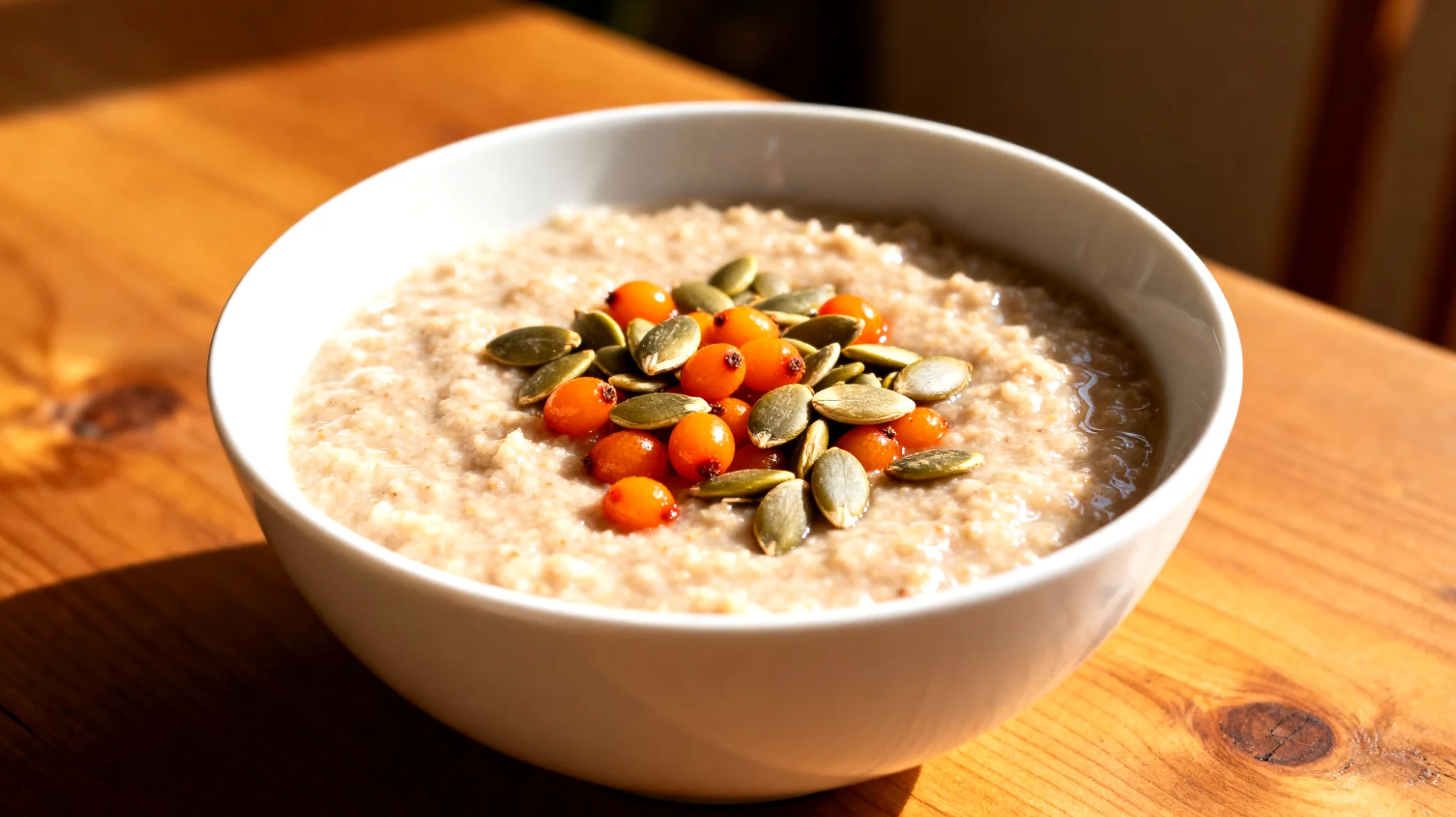 Amaranth-Porridge mit Kürbiskernen und Sanddornbeeren"