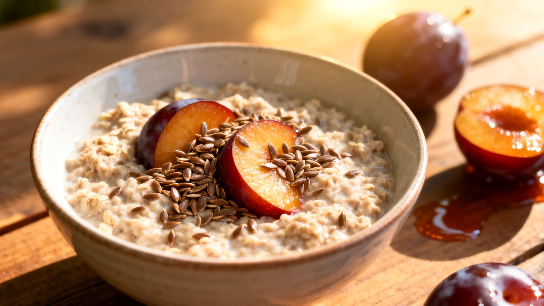 Haferkleie-Porridge mit Leinsamen und Pflaumen"