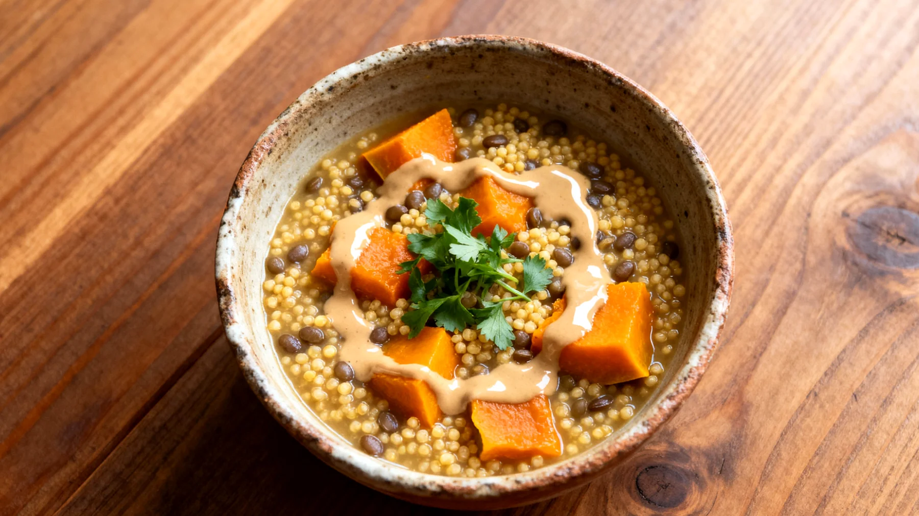 Hirsesuppe mit Linsen, Kürbis und Tahini"