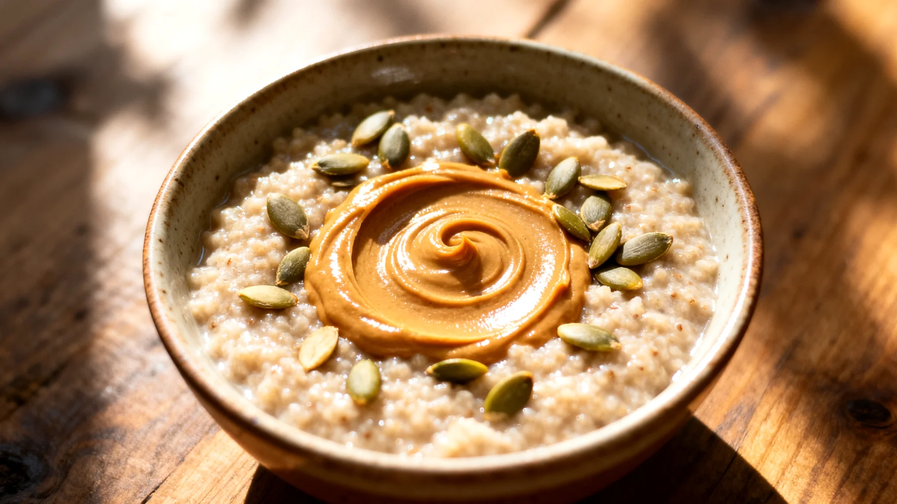 Amaranth-Porridge mit Mandelmus und Kürbiskernen"