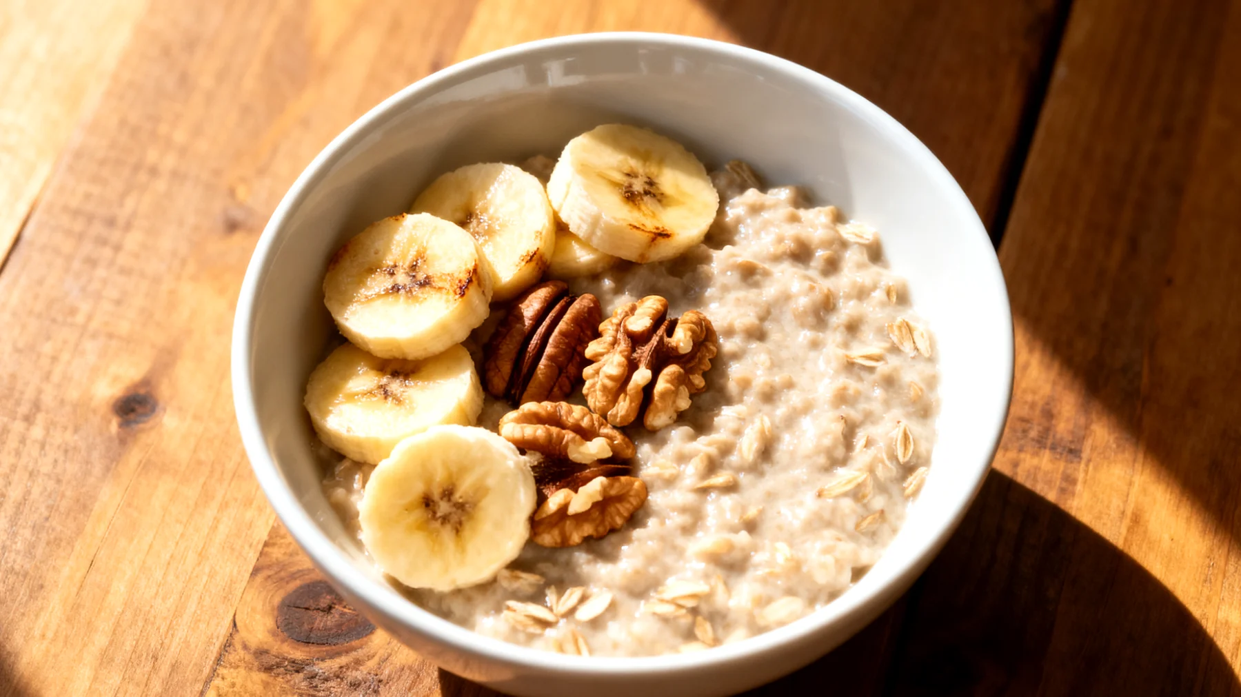 Ashwagandha-Haferbrei mit Walnüssen und Bananenscheiben"