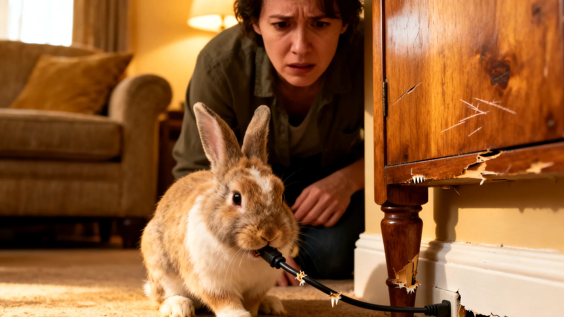 Kaninchen, die in der Wohnung gehalten werden, zeigen oft Verhaltensprobleme wie das Anknabbern von Möbeln, Kabeln und Tapeten, was zu Gefahren für das Tier und Schäden im Haushalt führt"