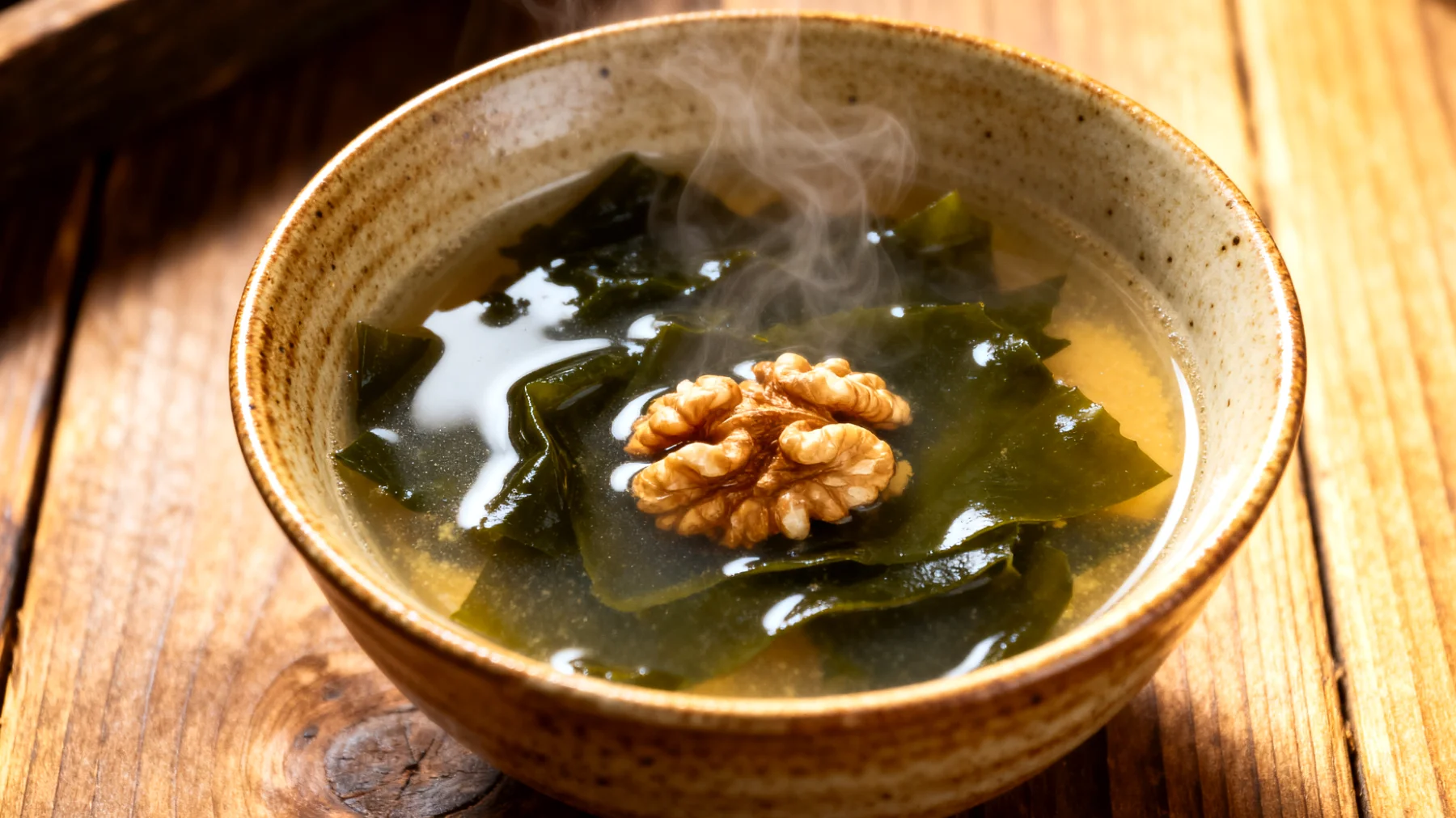 Misomiso-Suppe mit Wakame-Algen und Walnüssen"